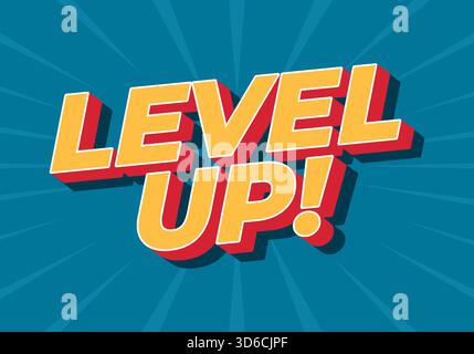 Ein lebendiges Grafikdesign mit dem Satz LEVEL UP! In kräftiger, farbenfroher Typografie vor einem hellblauen Hintergrund mit strahlenden Linien. Stock Vektor