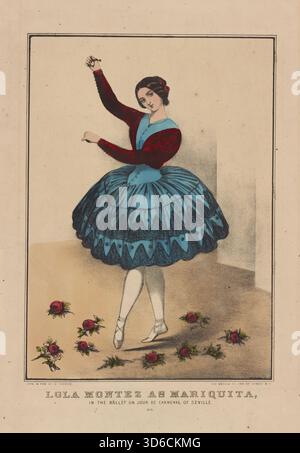 "Lola Montez als Mariquita, im Ballett UN jour de Carneval of Sevilla (1852). Currier & Ives. (Amerikanisch, 1835 - 1907). Eliza Rosanna Gilbert (17. Februar 1821? 17. Januar 1861), besser bekannt unter dem Künstlernamen Lola Montez, war eine irische Tänzerin und Schauspielerin, die als spanische Tänzerin, Kurtisane und Geliebte von König Ludwig I. von Bayern berühmt wurde. Stockfoto