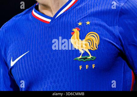Illustration mit einer Nahaufnahme des Trikots der französischen Fußballnationalmannschaft FFF mit dem goldenen Hahnenemblem mit zwei Sternen und dem Nike Logo während der FIFA Fussball-Weltmeisterschaft 2026, der Qualifikation, des Fußballspiels der Gruppe D zwischen Frankreich und der Ukraine am 13. November 2025 im Parc des Princes-Stadion in Paris, Frankreich. Foto Victor Joly / DPPI Stockfoto