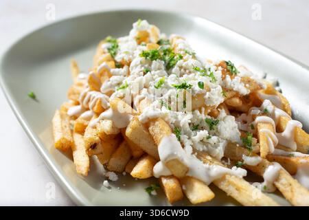 Ein Blick auf einen Teller griechischer Pommes frites. Stockfoto