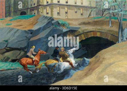 „Zaumpfpfad (1939). Edward Hopper (Amerikanisch, 1882–1967). Der Bridle Path zeigt drei Reiter zu Pferd, die sich dem Eingang der West 72nd Street zum Central Park in New York City nähern. Ein großes Gebäude über dem Hügel erhebt sich über den drei Fahrern - zwei Frauen und ein Mann. Die Fahrer tragen moderne Reitkleidung aus den 1930er Jahren und scheinen in Richtung des dunklen Tunnels zu galoppieren. Der Mann lehnt sich zurück und der Kopf des Pferdes hebt sich auf und verlangsamt den Galopp, wenn sie sich dem Tunnel nähern." Stockfoto