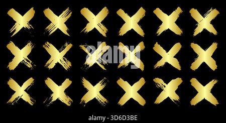 Goldene Grunge-Kreuze, Pinselstriche, Linien, Tintenflecken, handgezeichnete Kritzelformen. Handgemachte, skizzenhafte Markierungen, Acrylflecken, Holzkohlestreifen. Farbe Stock Vektor