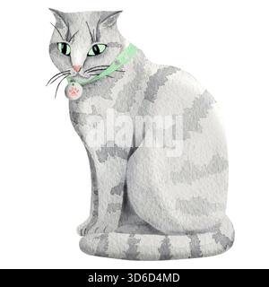 Eine graue Tabby-Katze sitzt in einem niedlichen Kragen mit einer Katzenpfote, Aquarellillustration. Britische oder schottische Faltkatze. Einfache Illustration einer Katze W Stockfoto