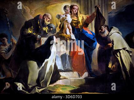 Unsere Liebe Frau vom Berge Karmel mit St. Simon Stock, St. Teresa von Avila, St. Albert von Vercelli, den Propheten Elia und die Seelen im Fegefeuer 1745 von Giovanni Battista Tiepolo aus dem 18. Jahrhundert, Italien, Italienisch. (Detail) Stockfoto