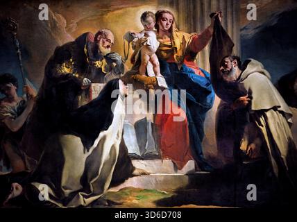 Unsere Liebe Frau vom Berge Karmel mit St. Simon Stock, St. Teresa von Avila, St. Albert von Vercelli, den Propheten Elia und die Seelen im Fegefeuer 1745 von Giovanni Battista Tiepolo aus dem 18. Jahrhundert, Italien, Italienisch. (Detail) Stockfoto