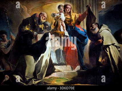 Unsere Liebe Frau vom Berge Karmel mit St. Simon Stock, St. Teresa von Avila, St. Albert von Vercelli, den Propheten Elia und die Seelen im Fegefeuer 1745 von Giovanni Battista Tiepolo aus dem 18. Jahrhundert, Italien, Italienisch. (Detail) Stockfoto