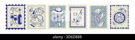 Italienische Sommerstempelkollektion mit handgezeichneten blauen Skizzen traditioneller Speisen. Vektor-Illustration von Postkartensymbolen mit Weinflasche, Käse, Strandzubehör, Tomaten, Pizza und Muscheln Stock Vektor