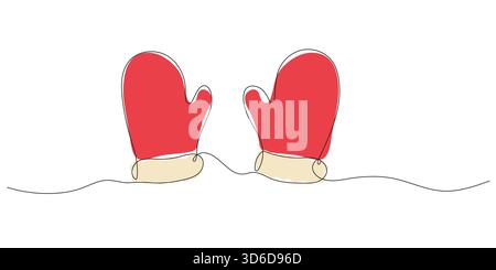 Durchgehende Linienzeichnung von Winterfäustlingen auf weißem Hintergrund. Weihnachtsillustration, linear, einzeilige Zeichnung von Winterkleidung Stock Vektor