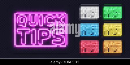 Leuchtneon Quick Tips-Schilder in mehreren hellen Farben auf transparentem Hintergrund. Ein lebendiges, modernes Design, das sich perfekt für Werbeanzeigen und motivierende Grafiken eignet Stock Vektor