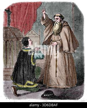 Ludwig XI. Von Frankreich (1423–1483) rief den italienischen Eremiten Franz von Paola auf, um bei Gott für seine Heilung Fürsprache zu leisten. Der heilige kam 1475 am französischen Hof an, der König starb 1483. Stich, 19. Jahrhundert. Stockfoto