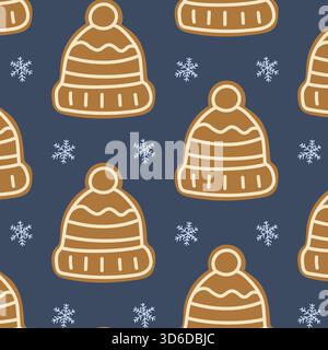 Dieses Design zeigt ein sich wiederholendes Muster aus kuscheligen Strickmützen mit Pompons und Schneeflocken auf einem satten blauen Hintergrund, perfekt für den Winter Stock Vektor