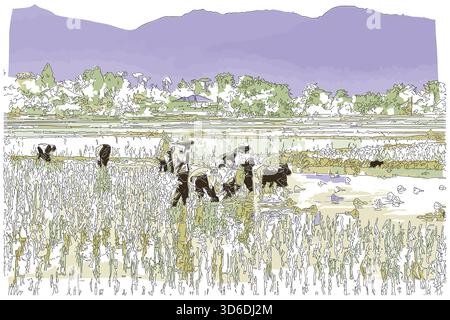 Impressionistische Malerei im Skizzenstil, Bauern helfen Reissämlinge in den Reisfeldern zu Pflanzen, digitale Illustration Vektorbild Stock Vektor