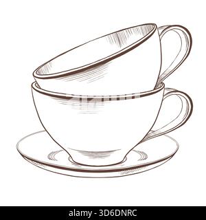 Stapel aus weißem Porzellan oder Keramik Teetassen und Untertassen als Teil einer Tischaufstellung. Handgezeichnete Vektor-Illustration im minimalistischen Stil für Stock Vektor