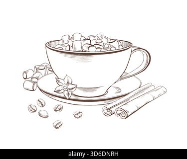 Klassische, breite Porzellantasse mit elegantem Griff, Untertasse, mit Americano-Kaffee, Marshmallow, Zimt, Vanille als Symbol für winterliche Gemütlichkeit und Weihnachten Stock Vektor