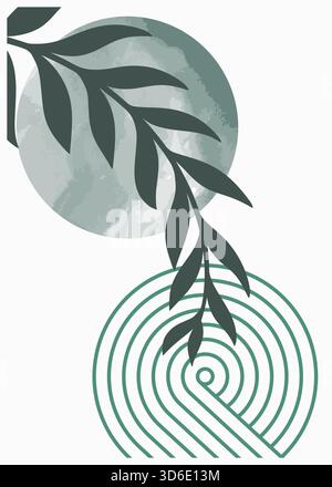 Wandplakat mit moderner Interpretation der Kunst aus der Mitte des Jahrhunderts. Vorlage mit Aquarellelement, geometrischen Formen und botanischem Motiv. Umschlag, Broschüre, Poster Desig Stock Vektor