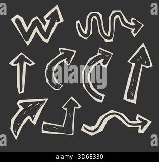 Ausschnitt zerrissene Papierstücke Pfeile, Grunge Buntstift handgezeichnet Set. Collage funky, groovige Retro-Doodle-Teile, Scrapbook-Elemente, Design. Vektorabbildung Stock Vektor