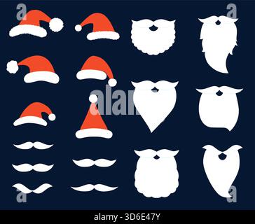Niedliches Vektor-Set mit Weihnachtsmützen, Bärten und Schnurrbart für Weihnachtsdekoration und Weihnachtsgrußkarten Stock Vektor