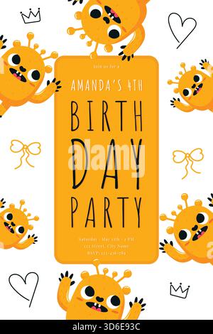 Niedliches Monster Geburtstagsfeier Einladung Karte Vorlage Vektor. Stock Vektor