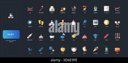 Symbole im flachen Farbverlauf mit Babypflege, Aktivitäten in der Kindheit, Familie, Spielzeug, Nahrung, Hygiene- und Wiedergabeobjekte auf dunkler UI-Hintergrundvektorillustration. Stock Vektor