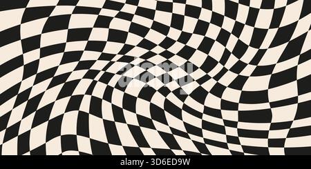 Psychedelisch gewellter Hintergrund mit schwarz-weiß verzerrtem Karomuster im groovigen abstrakten Stil. Psychedelic Checker horizontaler Hintergrund mit Stock Vektor