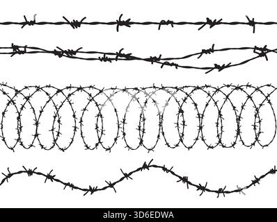 Draht Barb Vektor Gefängnis Kriegslinie Grenzzaun Stacheldraht isolierte Armee Hintergrund. Kette Drahtseilhülse Vektorkette Stock Vektor