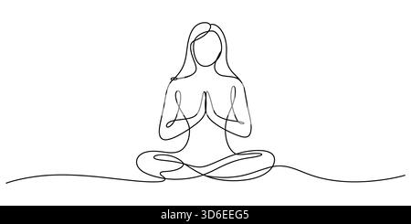 Kontinuierliche Linienkunst der Frau, die in Lotusstellung meditiert, spirituelle Entspannung Stock Vektor