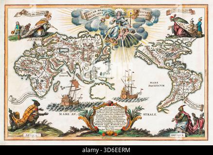 Alte Weltkarte mit Jesuitenmissionen und Kalifornien als Insel, Illustration von Heinrich Scherer, Anfang des 18. Jahrhunderts um 1700 Stockfoto