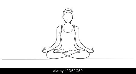 Kontinuierliche Linienkunst einer Frau, die in Lotusstellung, Yoga Wellness und Gesundheitskonzept meditiert. Stock Vektor