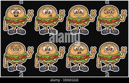 Cartoon Maskottchen Figur mit süßem Burger, der mit einigen Ausdrücken aufsteht. Perfekt für Aufkleber, Etiketten, Cover, Verpackung, T-Shirt, Geschäftswaren Stock Vektor
