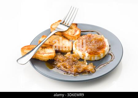 Ein köstliches Ziegenkäsebrötchen mit reichhaltigen karamelisierten Zwiebeln, gepaart mit knusprigen Brotscheiben. Perfekt für eine raffinierte Vorspeise oder einen herzhaften Appetit Stockfoto