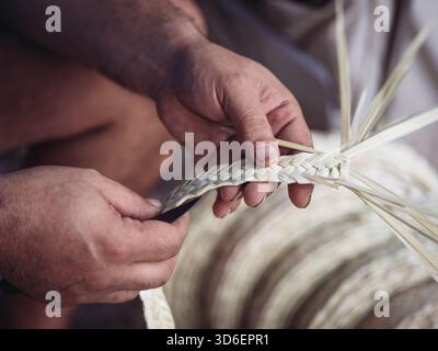 Handwerker weben einen Korb mit Palmito-Streifen und heben das Können und die traditionelle Handwerkskunst aus nächster Nähe hervor Stockfoto