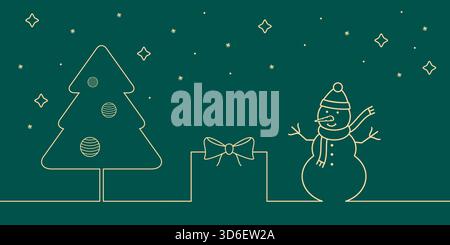 Glückwunschkarte mit Geschenkbox, Schneemann und Weihnachtsbaum. Vektorabbildung. Stock Vektor