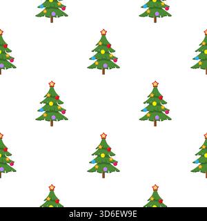 Nahtloses Weihnachtsmuster mit dekorierten Karikaturkiefern oder Weihnachtsbäumen mit Ornamenten und einem Sternchen auf weißem Hintergrund. Bearbeitbar Stock Vektor