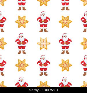 Nahtloses Weihnachtsmuster mit Ganzkörper-Cartoon-Weihnachtsmannfiguren und dekorativen Lebkuchenstern-Schneeflocken-Keksen auf weißem Hintergrund. Ed Stock Vektor