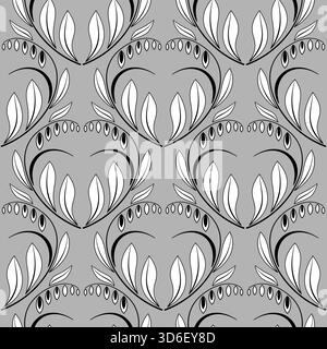 Zarte weiße schwarze Blüten auf grauem Hintergrund. Nahtloses Muster mit wilden Blumen im Vintage-Stil. Elegantes einfarbiges Ornament Stock Vektor