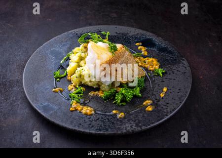 Frittiertes nordisches Fischfilet aus Dorsch mit Kartoffelpüree, grünem Gemüse und Passionsfrüchten schmecken die Umami-Sauce Stockfoto