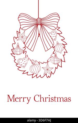 Handgezeichnete Weihnachtskarte mit festlichem, geblümtem Kiefernkranz mit Schleife und Weihnachtsschmuck im grafischen Stil Stock Vektor