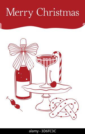 Handgezeichnete Weihnachtskarte in roter Farbe mit Champagner, Schleife, Brezel und Cocktailglas mit Kirsch und Zuckerrohr Stock Vektor