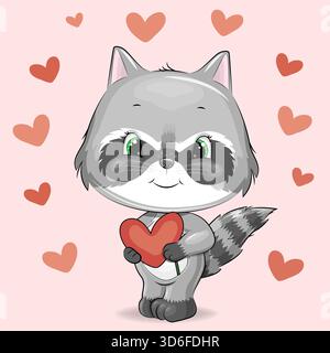 Niedlicher Zeichentrick-Waschbär mit roten Herzen. Vektorillustration des Tieres auf rosa Hintergrund. Stock Vektor
