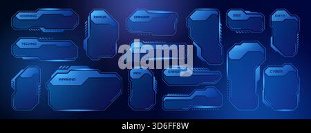 Vektorsatz aus blauen futuristischen hud-Rahmen, Textfeldrahmen, Science-fiction-Etiketten oder digitalen Bildschirmanzeigen. Vorlage für Benutzeroberflächen-ui-Elemente, Spiellayout oder moderne Hightech-Informationsfelder Stock Vektor