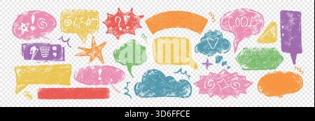 Handgezeichnete Buntstift-Sprechblasen, raue Linien und Sprechrahmen. Kreide Bleistift Textur Kinder Kritzele Text Wolke Symbole Vektor Set. Farbenfrohe Chatbox, Dialogballon-Balkone mit verschiedenen Formen im Skizzenstil Stock Vektor