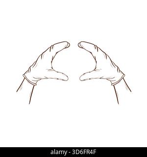 Zwei Hände in Latexhandschuhen, so positioniert, als würde man einen Burger halten. Vektorillustration in einem Linienart-Stil, braune Linien, isoliert auf weißem Hintergrund. Stock Vektor