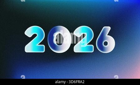 Leuchtend blau-weiße Zahlen, die 2026 vor einem dunklen, körnigen Hintergrund mit Anklängen von Rosa und Violett schreiben. Stockfoto
