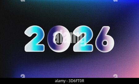 Kräftige 2026-Zahlen mit einem blauen bis rosafarbenen Farbverlauf und einer subtilen Struktur vor einem dunklen, verlaufenen Hintergrund. Stockfoto