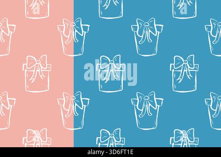 Geschenkbox nahtloses Muster Set mit 2 Stück, Schleife Präsent, handgezeichnete weiße Linie, grafischer Stil mit Kritzelskizze, verspielter Feiertagshintergrund, rosa und blaue Farben Stock Vektor