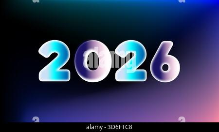 3D-Zahlen 2026 leuchten mit einem blauen rosa und violetten Farbverlauf auf einem dunklen abstrakten Hintergrund. Stockfoto