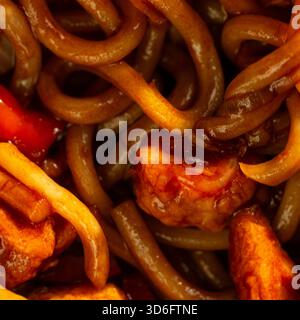 Udon-Nudeln mit Hühnchen und Gemüse anbraten, Nahaufnahme. Stockfoto