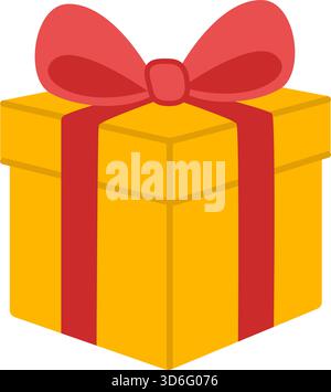 Geschenk gelbe Box dekorativ mit Schleife auf der Oberseite. Bunte flache Vektorillustration. Ideal für Geburtstage, Feiertage, Aufkleber oder Weihnachtsfeier Grafiken und festliche Designelemente. Stock Vektor