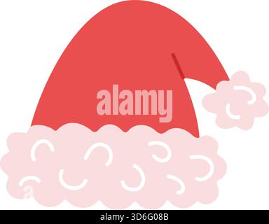 Rote Weihnachtsmannmütze mit flauschigem Bündchen und dekorativem Pompon. Bunte flache Vektorillustration. Ideal für festliche Kostümgestaltung, Winterferien, saisonale Bekleidungsgrafiken und Festmotive Stock Vektor