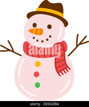 Freundliche Schneemannfigur mit Karottennase, dunklem Hut, gestreiftem rotem Schal, Stabarmen. Farbenfroher flacher Style. Ideal für Winterdekoration, Aufkleber, Weihnachtsdesign-Elemente, festliche Grafiken und saisonale Themen Stock Vektor